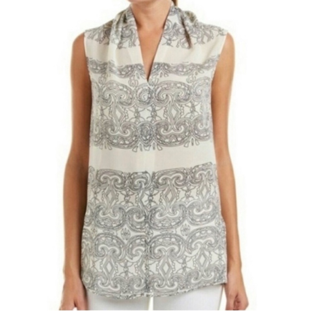 CAbi Scroll Work 3091 Inverted Pleated Tunic Blouse Top Cream Gray Office Work